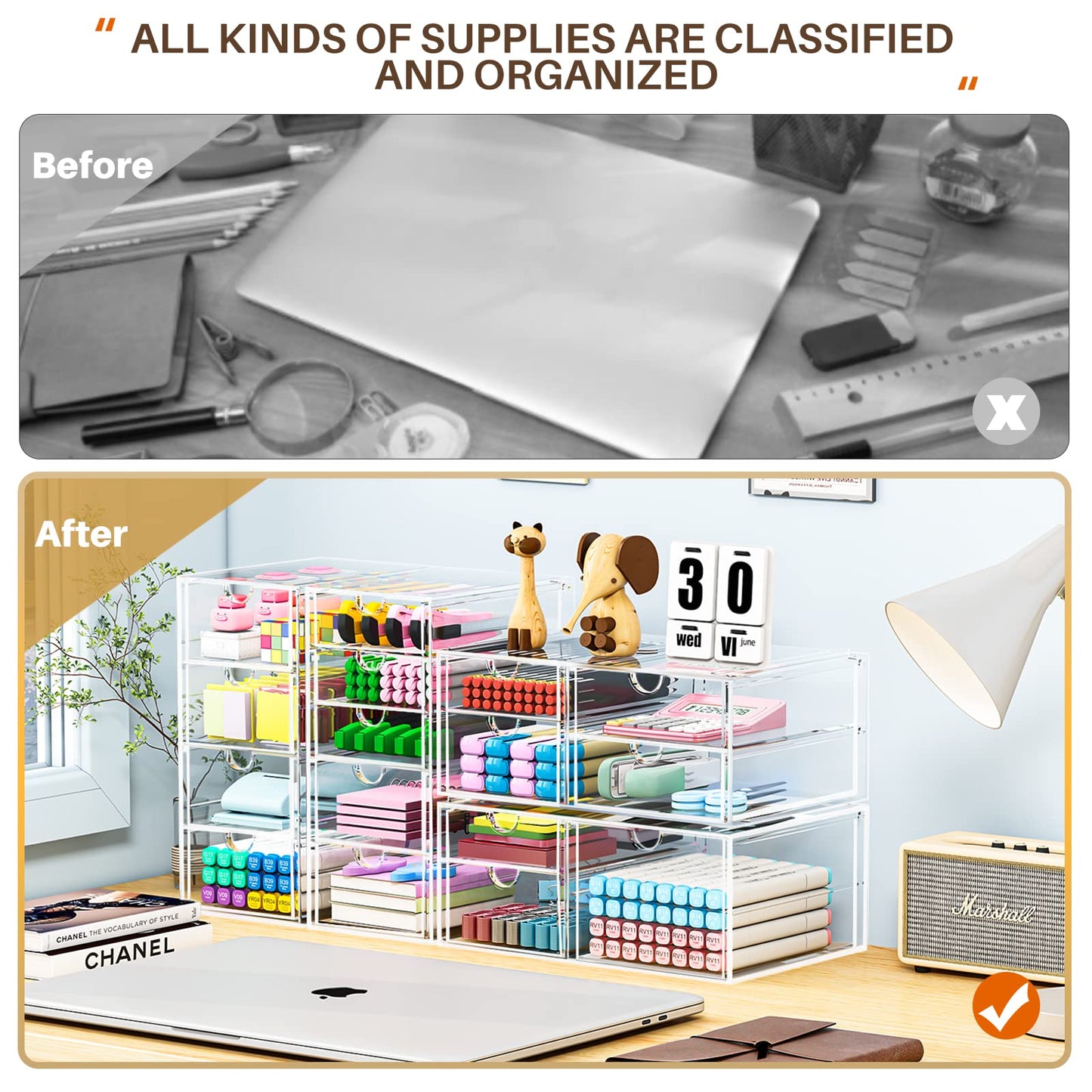 Caktraie Makeup Organizer with 16 Drawers – 4-Piece Clear Desk Storage for Makeup, Jewelry, Pens & Stationery – Dustproof & Durable