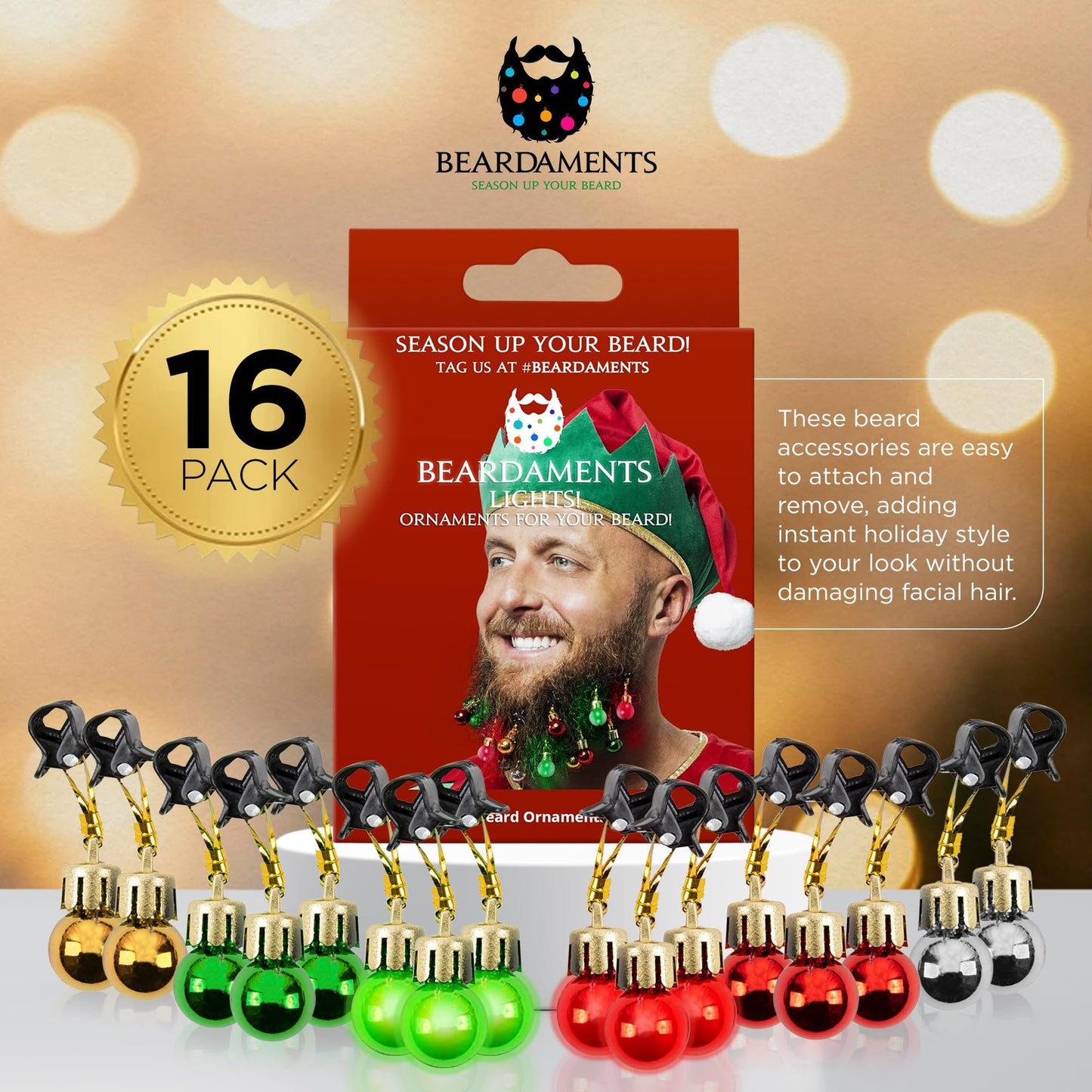 Beardaments Beard Lights - Light-Up Beard Ornaments for Men - Colorful Christmas Beard Baubles with Easy Clip Attachment - Funny Christmas Ornaments