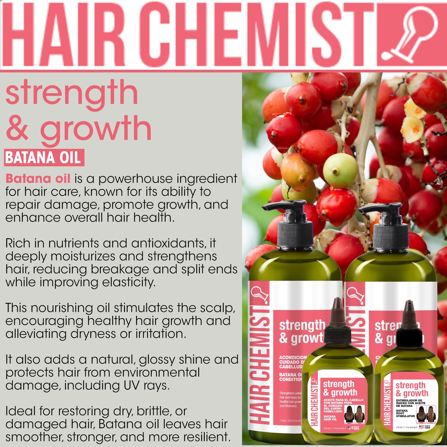 Hair Chemist Strength & Growth Batana Oil Shampoo and Conditioner Set 33.8 oz. (2-PC Set) - Batana Shampoo and Conditioner for Hair Growth, Thickening