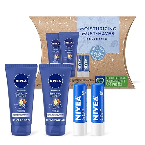 NIVEA Moisturizing Must-Haves Skin Care Set, Essentially Enriched Hand Cream with Almond Oil and Shea Butter, 2.6 Oz Tube (Pack of 2) + Moisture Lip