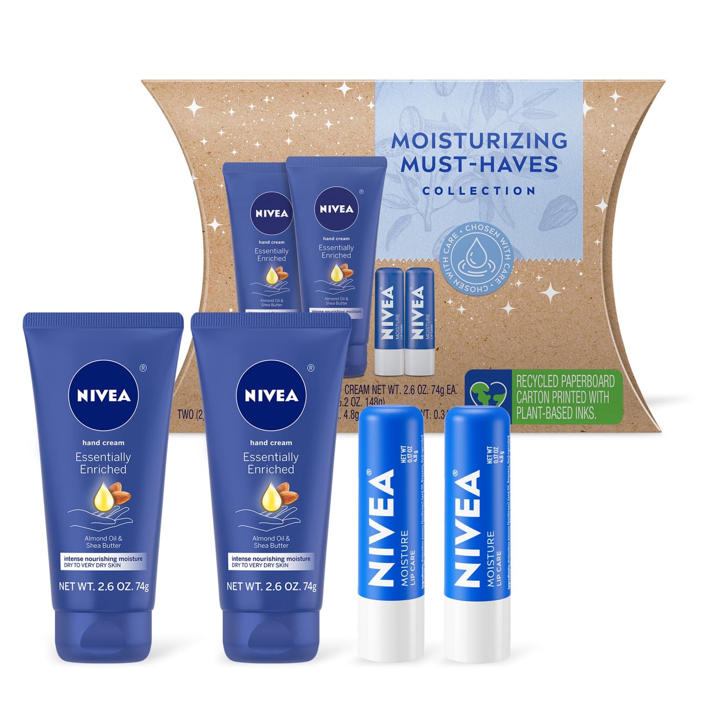 NIVEA Moisturizing Must-Haves Skin Care Set, Essentially Enriched Hand Cream with Almond Oil and Shea Butter, 2.6 Oz Tube (Pack of 2) + Moisture Lip