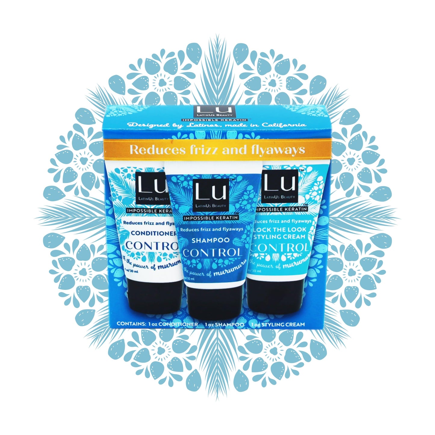 Lu by LatinUs Beauty Control Travel Size Collection | Anti Frizz Shampoo, Conditioner & Styling Cream with Impossible Keratin™, Murumuru Butter | 3 Oz