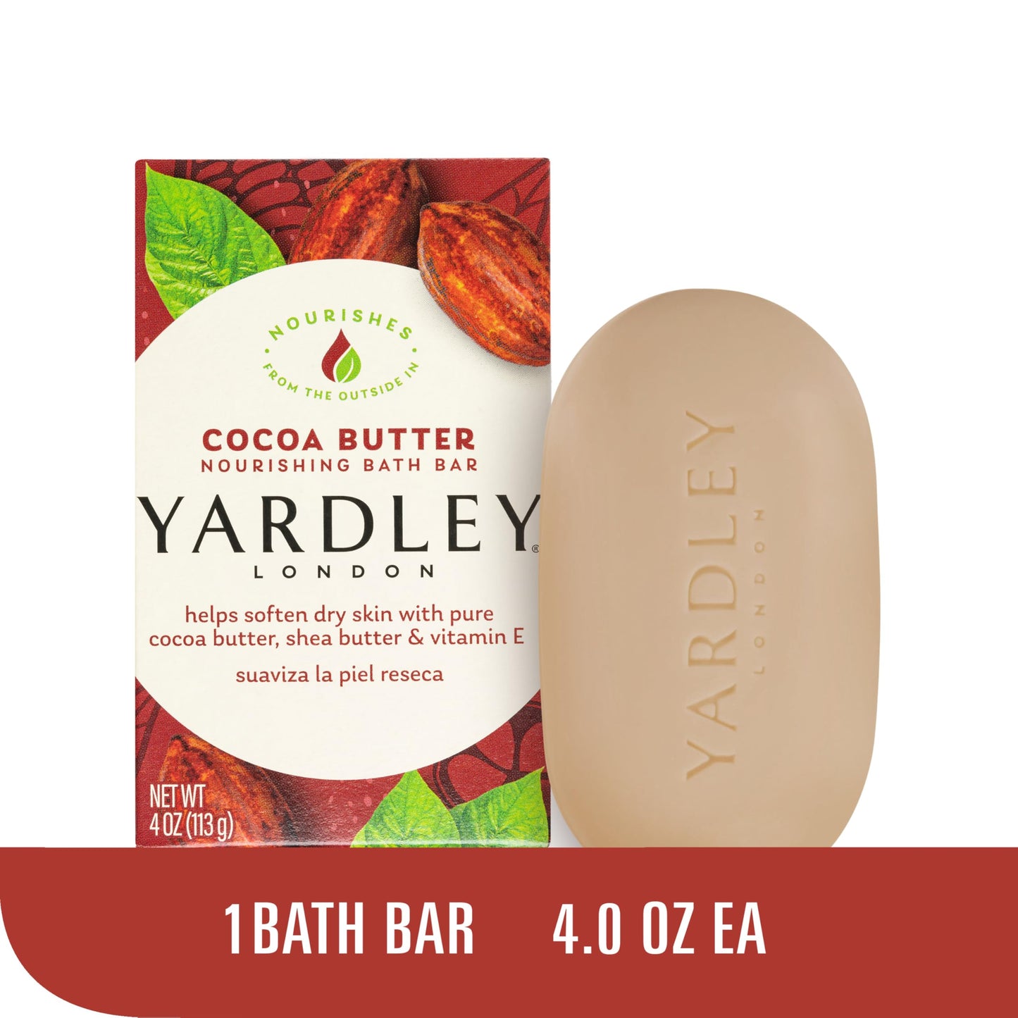 Yardley London Nourishing Bath Soap Bar Cocoa Butter, Helps Soften Dry Skin with Pure Cocoa Butter, Shea Butter & Vitamin E, 4.0 oz Bath Bar, 1 Soap