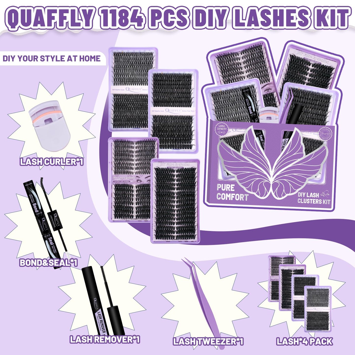 DIY Lash Cluster Kit - 1184pcs 40D-100D Natural Soft Cluster Lashes 8-18mm D Curl with Lash Bond&Seal Remover Tweezere Lash Curler All Tools In One Beauty and Personal Care QUAFFLY