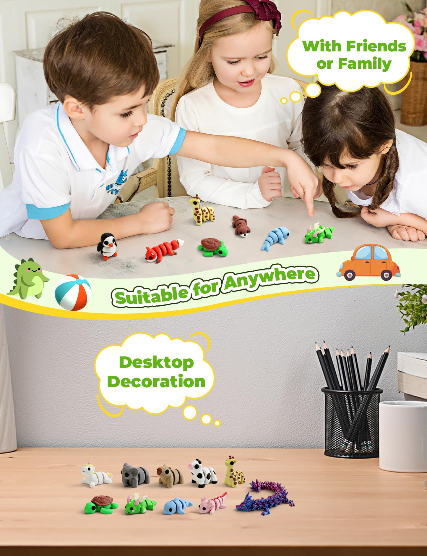 “2025” 15 Pack 3D Printed Animal Toys with Dragon Eggs – Articulated Fidget Figures Set, Stress Relief Collectible Gifts for Kids & Adults
