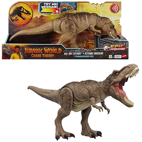 Mattel Jurassic World T. rex Dinosaur Toy with Sound & Movement, All-Out Attack Tyrannosaurus Rex Action Figure with Rampage Attack, Plus Digital Play