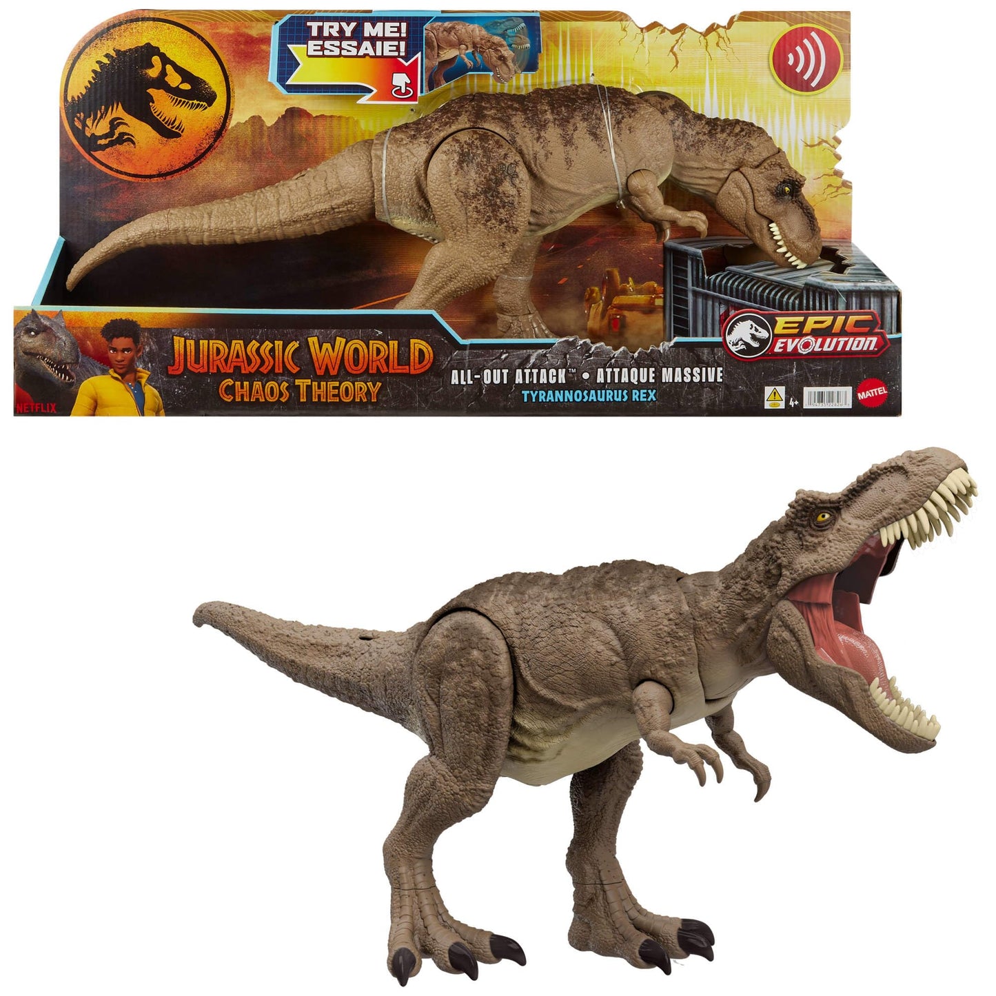 Mattel Jurassic World T. rex Dinosaur Toy with Sound & Movement, All-Out Attack Tyrannosaurus Rex Action Figure with Rampage Attack, Plus Digital Play