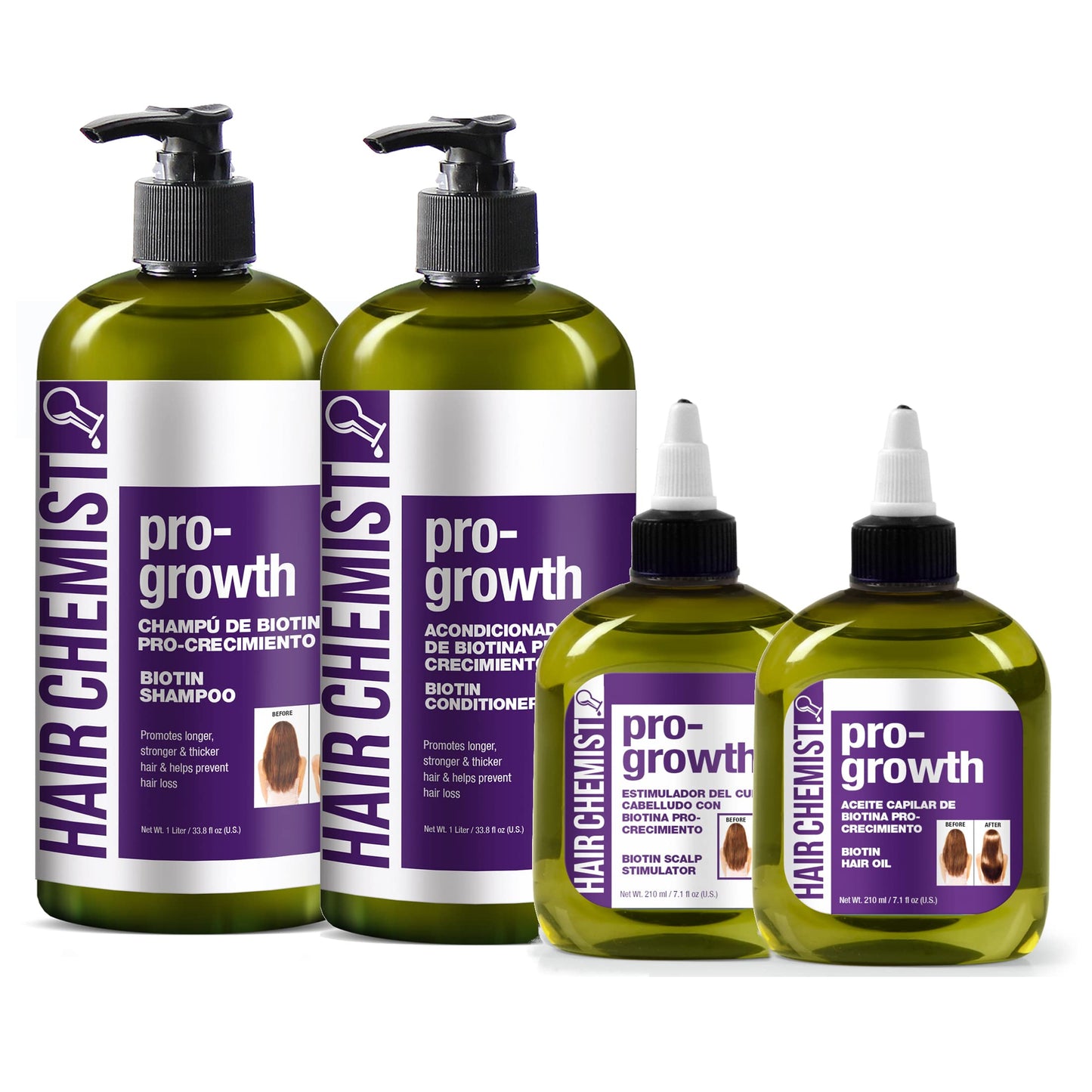 Hair Chemist Pro-Growth with Biotin Ultimate 4PC Shampoo & Conditioner Set- Includes 33.8oz Shampoo, 33.8oz Conditioner, 7.1oz Scalp Stimulator