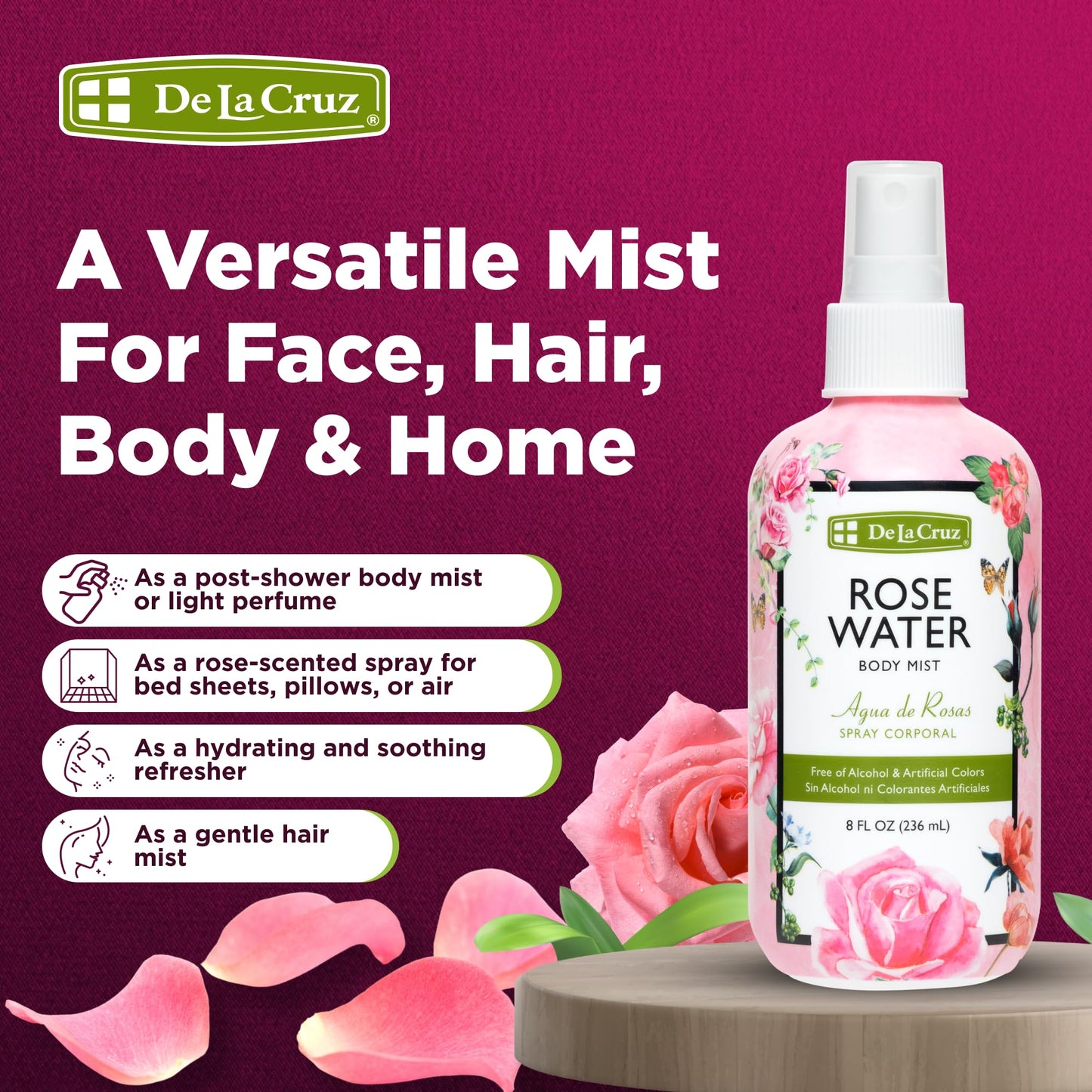 De La Cruz Pure Rose Water Body Mist,Rosewater Spray for Face, Skin & Hair, Rose Toner & Rose Water for Hair Alcohol Free, Paraben Free 8 fl oz (3 Beauty & Personal Care De La Cruz