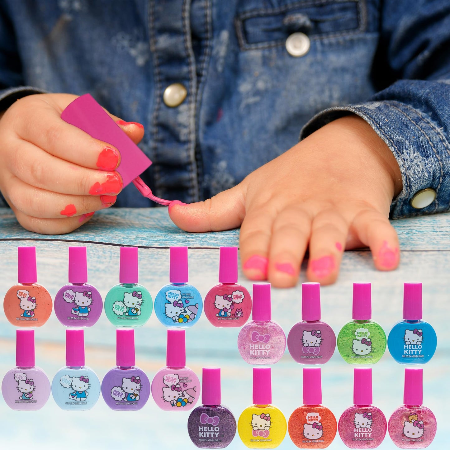 Hello Kitty Non-Toxic Water-Based Peel-Off Nail Polish Set with Glittery, Shimmery & Opaque Colors for Girl Kids Ages 3+, Perfect for Parties