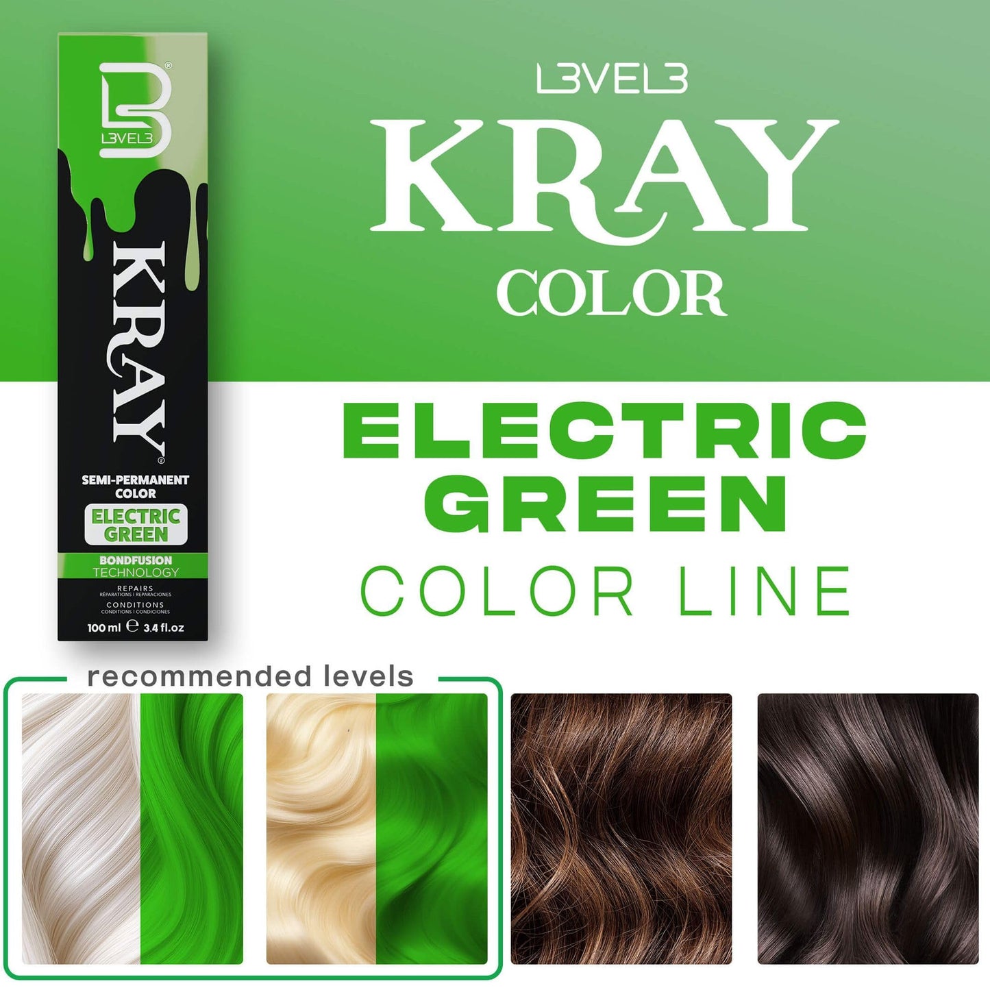 L3 - Level 3 Electric Semi Permanent Hair Color - Vibrant Long Lasting Shine - Argan Oil Protection - 100 ml - Electric Green
