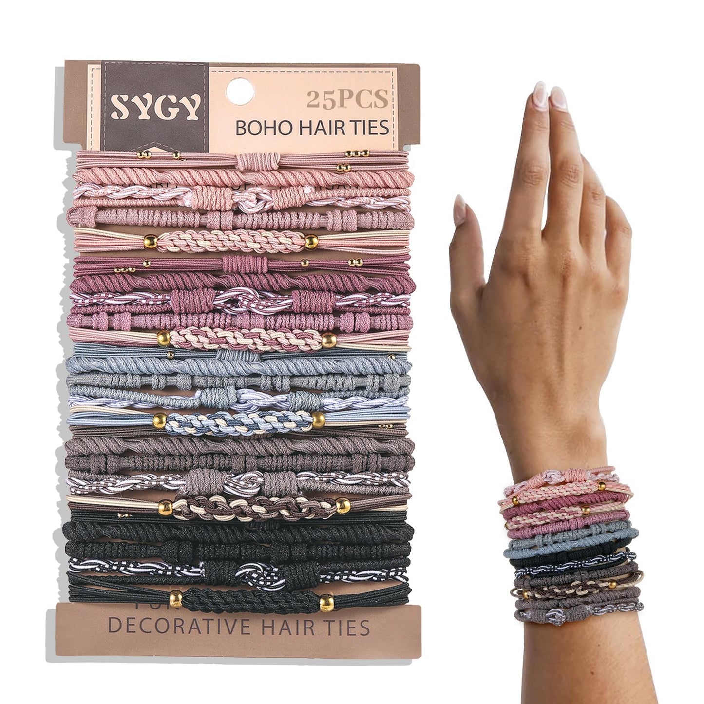 25 PCS Boho Hair Ties, Bracelets Hair Ties for Thick or Thin Hair, 5 Styles Boho Ties for Ponytail Holders, 2.36’’ Hair Ties No-Damage, Multicolor Beauty and Personal Care SYGY Default Title