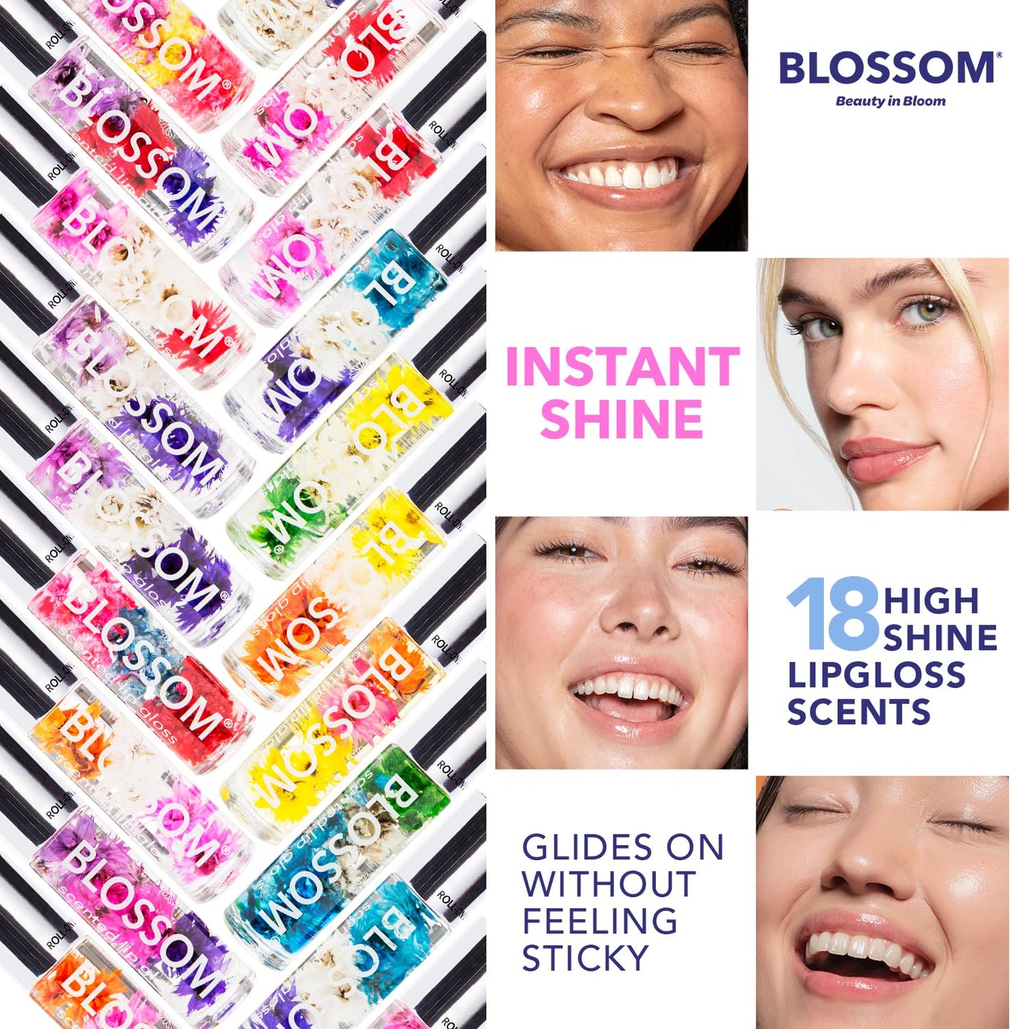 Blossom Roll on Lip Gloss, Scented Clear High Shine Moisturizing Lip Oil, Non Sticky, Infused with Real Flowers, Made in USA, 0.2oz, Vanilla Hemp