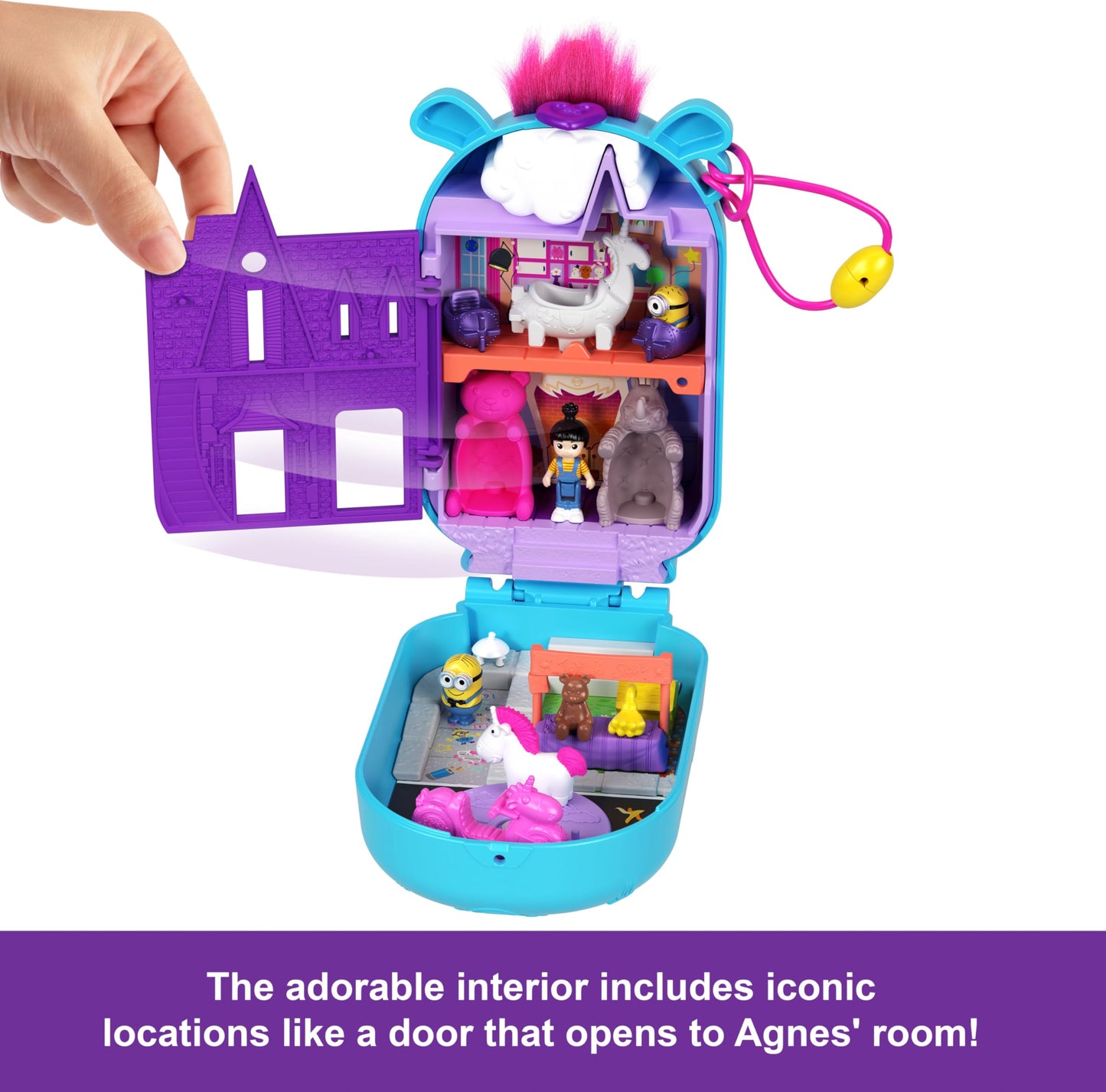 Polly Pocket & Minions Playset with 1 Doll, 2 Minions Figures & Fluffy The Unicorn Toy, Collectible Compact with 9 Accessories