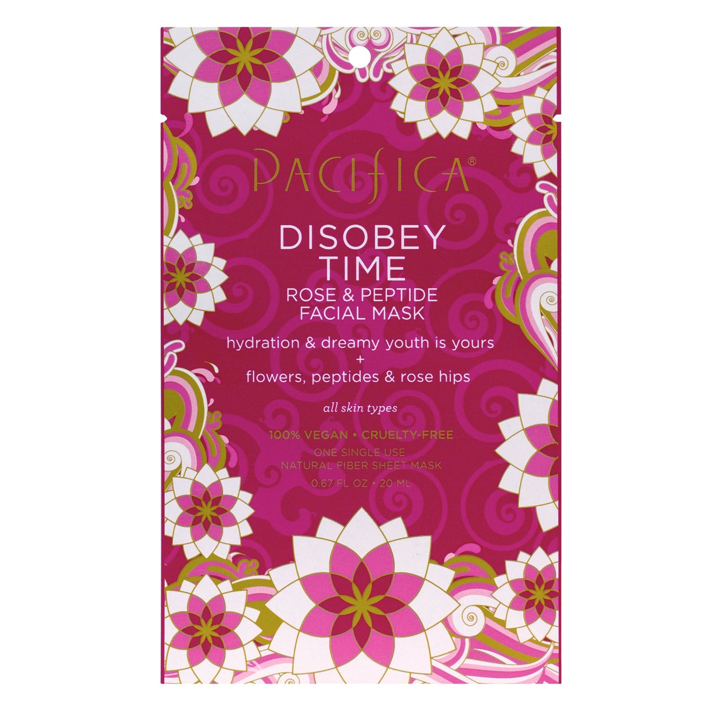 Pacifica Beauty Disobey Time Peptide Hydrating Facial Sheet Mask | For All Skin Types | 1 Count | Hyaluronic Acid, Rose + Peptides | 100% Cotton Mask