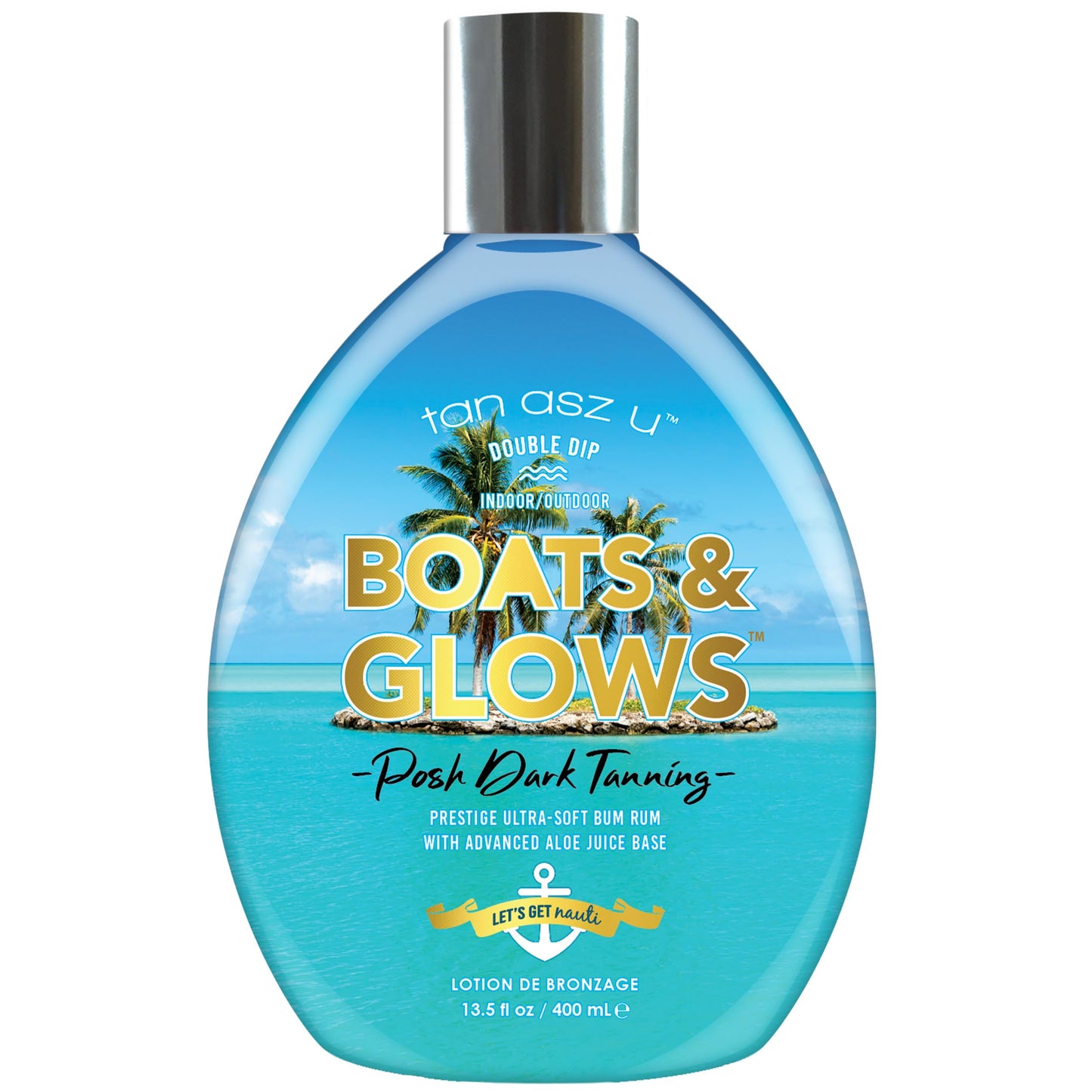 Tan Asz U Boats & Glows Tanning Lotion, Posh Dark Indoor/Outdoor Double Dip Bronzer with Aloe Juice Base, Peptides, Ceramides & Hyaluronic Acid, 13.5