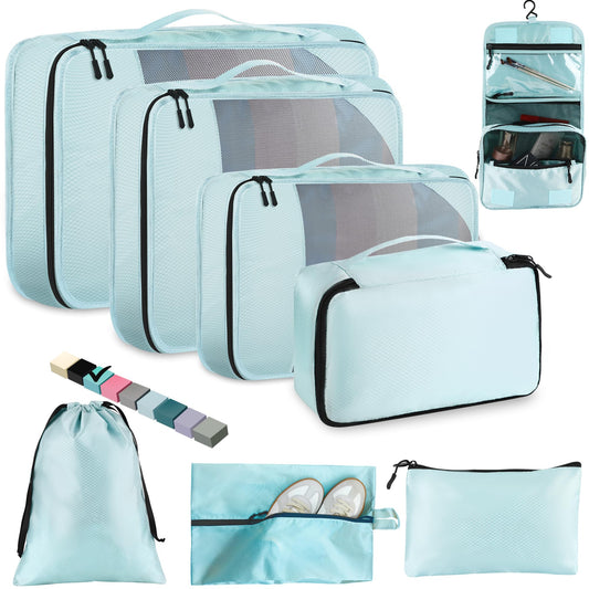 Toncoke 8-Piece Packing Cubes for Travel – Mesh Luggage Organizer Bags for Women, Men & Kids, 4 Sizes, Travel & Camping Essentials, Lake Blue