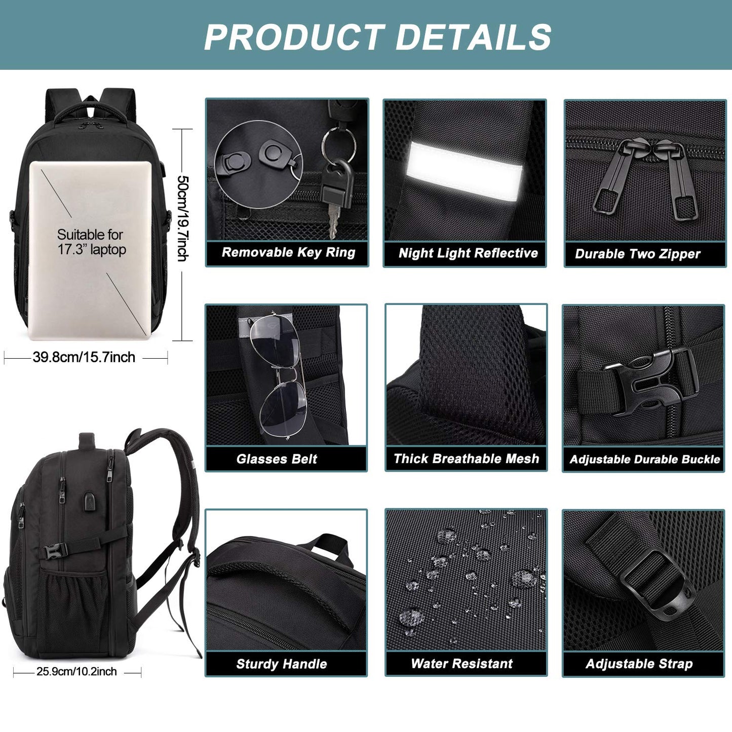 Extra Large Backpack for Men 50L,Water Resistant 17.3 inch Travel Laptop Backpack with USB Charging Port,TSA Friendly Big Business Anti Theft Computer Bag Work College School Bookbags Gifts,Black