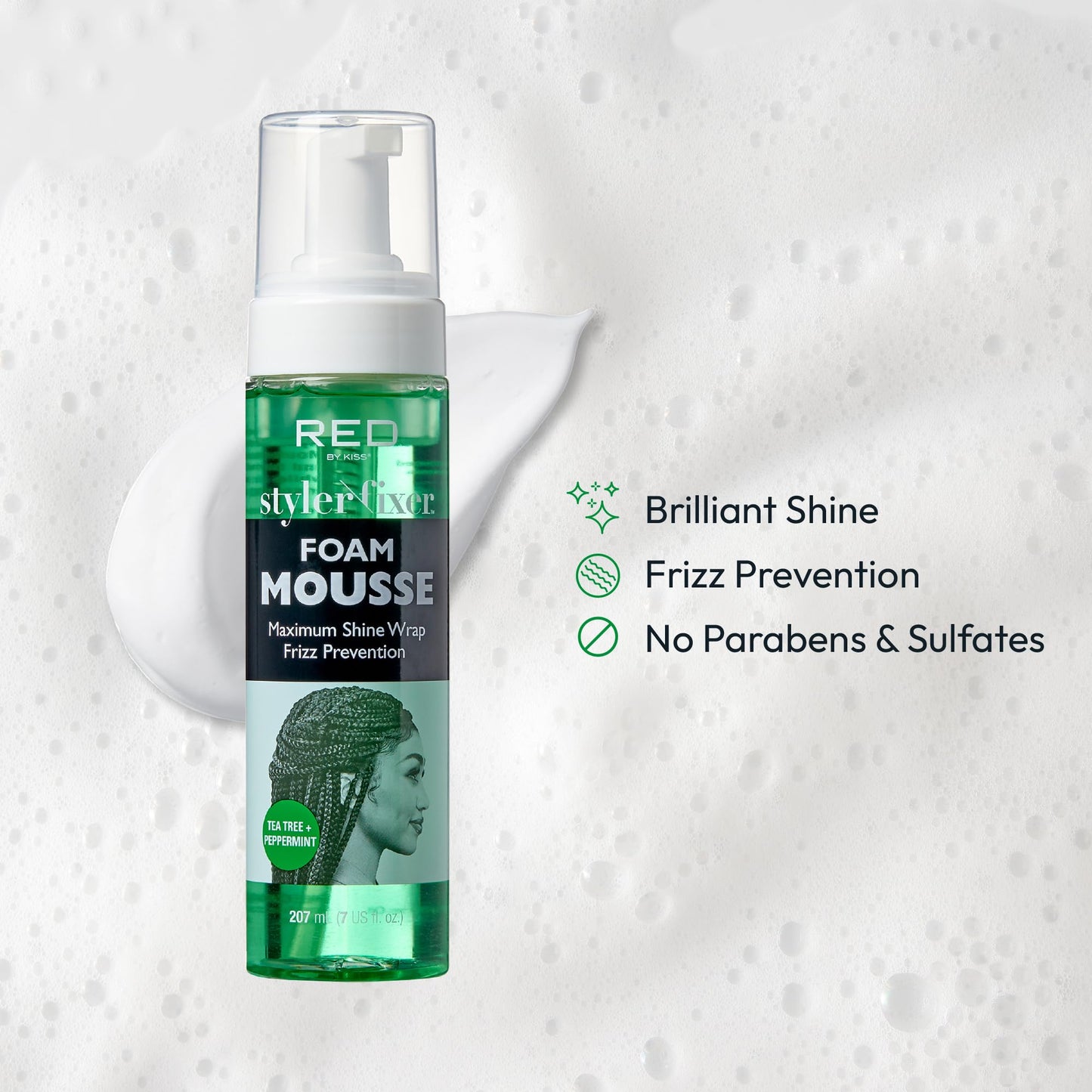 Red by Kiss Foaming Mousse, Maximum Shine Wrap Mousse, Reduce & Prevent Frizz, Define Curls, Set & Hold Styles, Nourishes Dry & Brittle Hair (Tea Tree