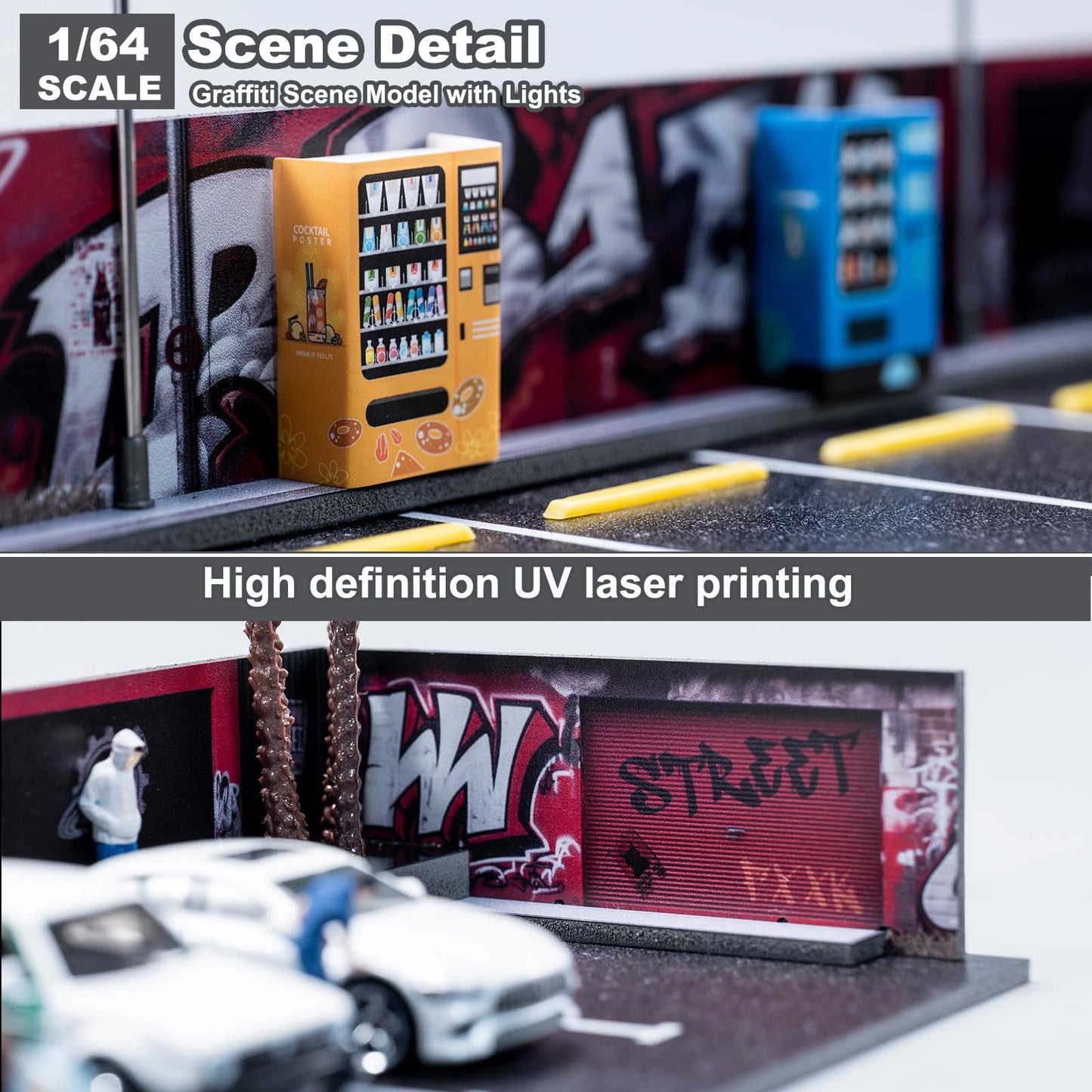 1/64 Diorama Garage, Garage and Display Case for Model Car, Scenic Diorama Display Car Park with 2 LED Street Lamps and 5 Outdoor Parking Spaces