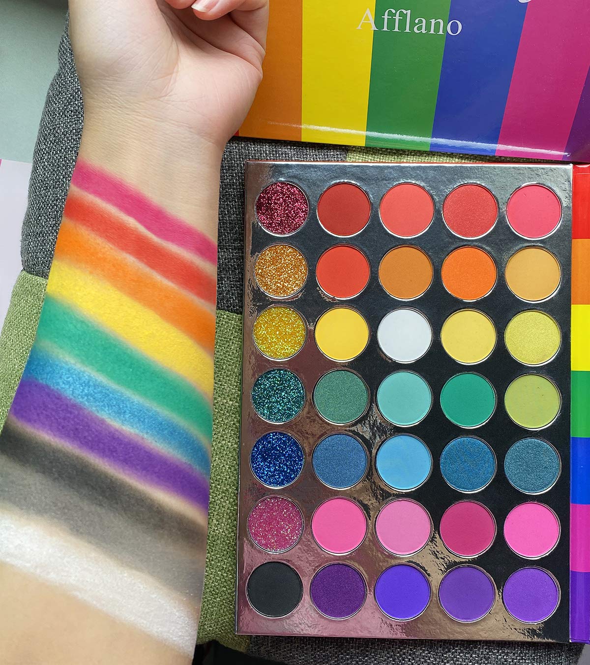 Afflano Rainbow Eyeshadow Palette Matte Shimmer Pressed Glitter, Pigmented Colorful Eye Shadow Pallets, Pink Red Orange Yellow Green Blue Purple 35