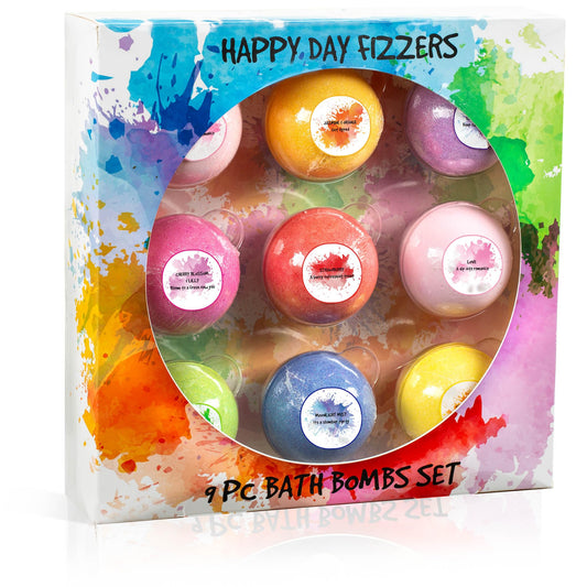 Happy Day Fizzers Aromatherapy 9 Pcs Large Bath Bomb Gift Set for Women - Relaxing Aromatherapy Home Spa Birthday Christmas Gifts for Mom (Happy Day…
