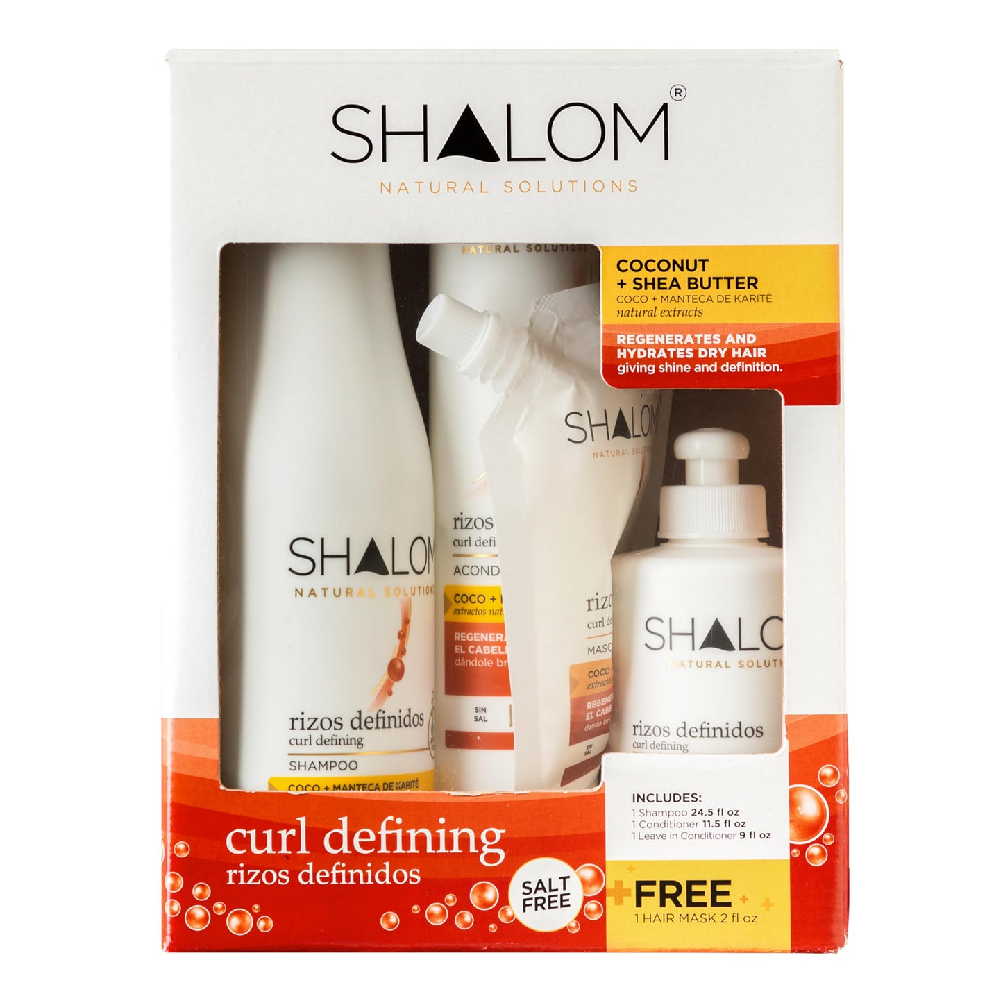 SHALOM Curl Defining Complete Kit with Coconut & Shea Butter - 25 fl oz Shampoo, 12 fl oz Conditioner, 2 fl oz Hair Mask, 9 fl oz Leave-in Conditioner