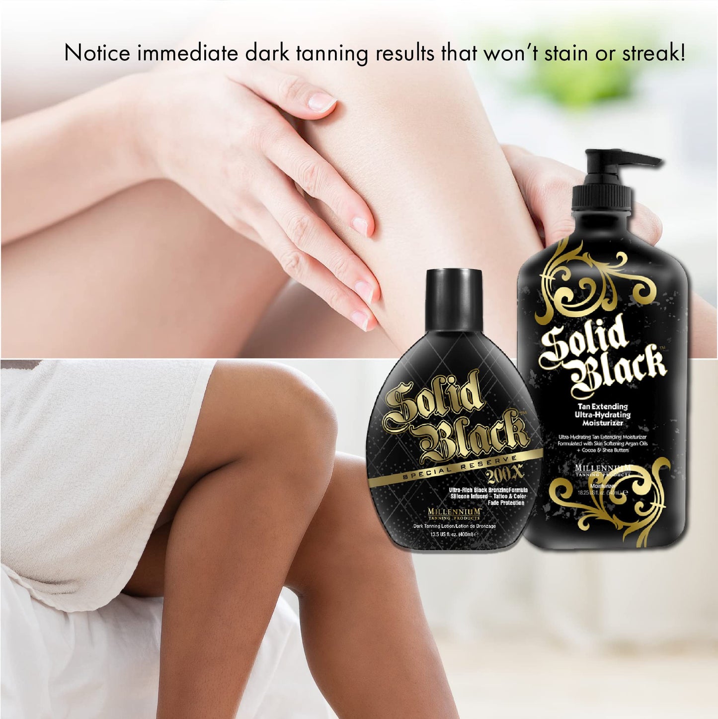 Millennium Tanning Solid Black 200X Tanning Lotion & Tan Extender Lotion, 13.50 & 18.25 Fluid Ounces