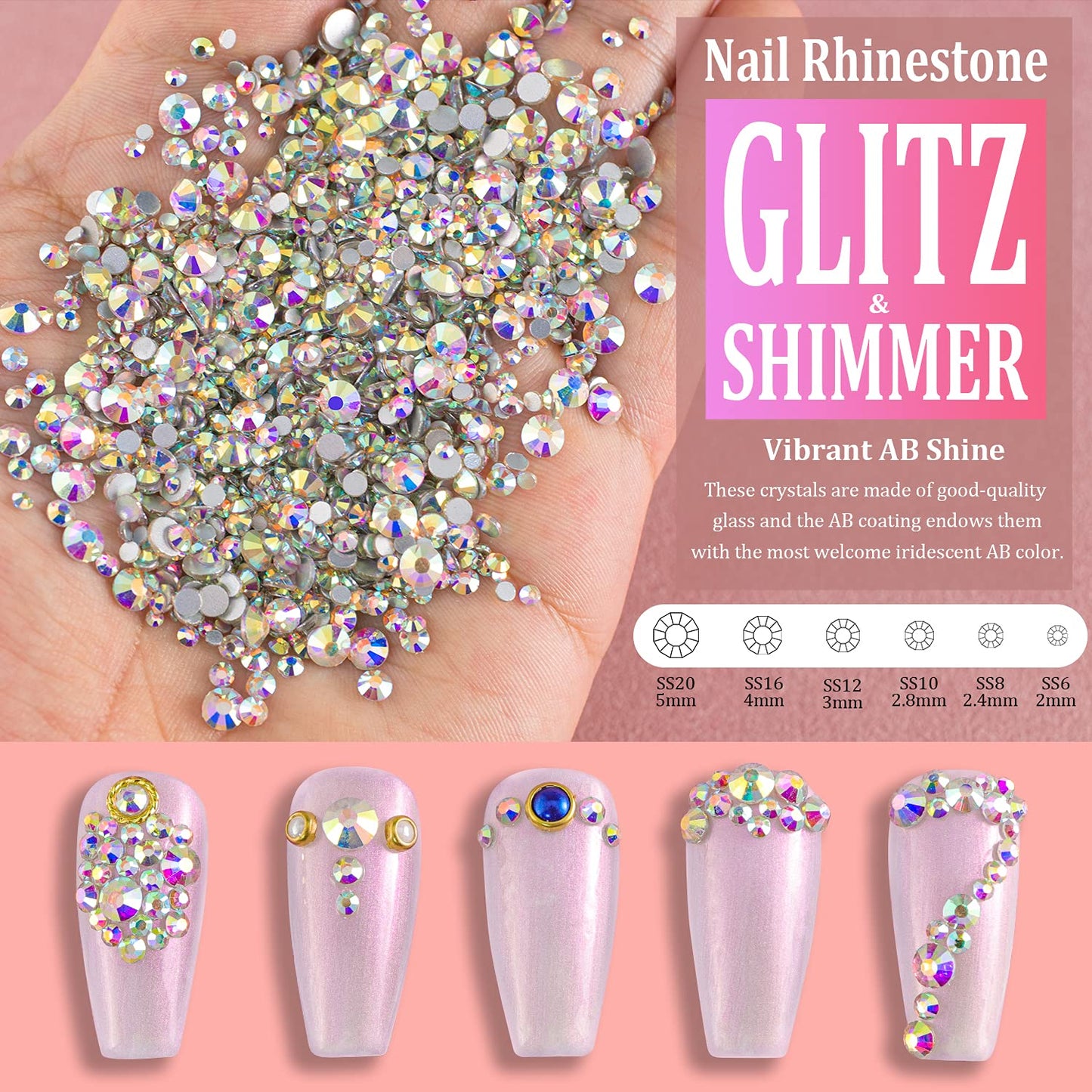 Multi Shapes 3D Glass AB Crystal Nail Art Rhinestones Kit with Flatback Round Bead Charm Gem Stone Jewelry Diamond with Pickup Pen + Tweezer