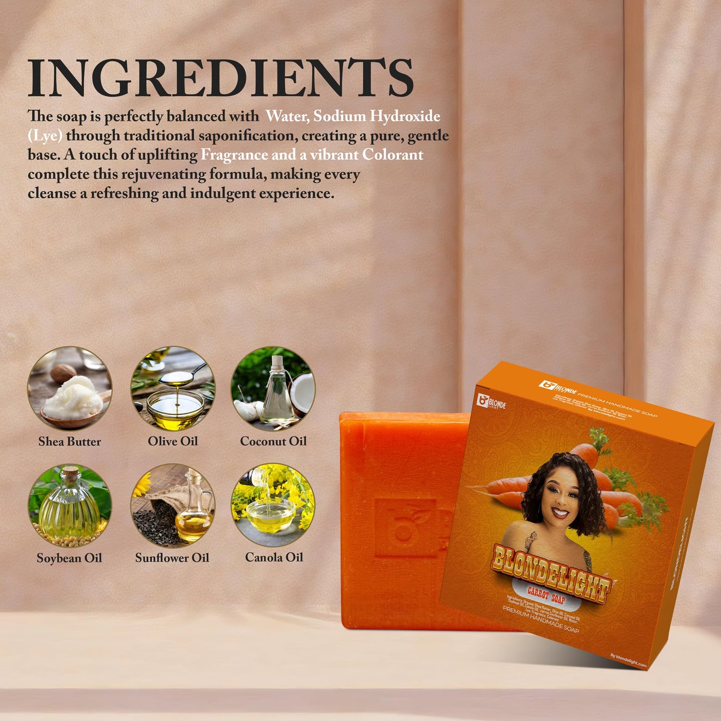 BLONDELIGHT Carrot Soap | Moisturizing & Nourishing Face & Body Bar | Infused with Natural Oils & Carrot Extract | Gentle Cleansing for All Skin Types