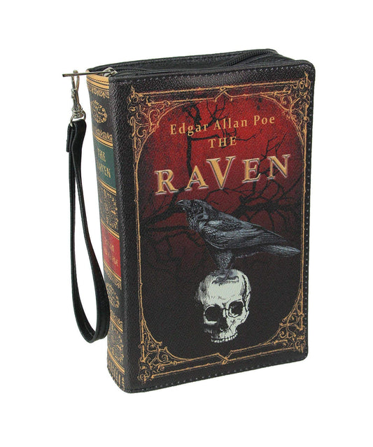 The Raven Book-Shaped Novelty Clutch Purse in Black Vinyl - Comes With Wrist Strap - A Gothic Crossbody Handbag