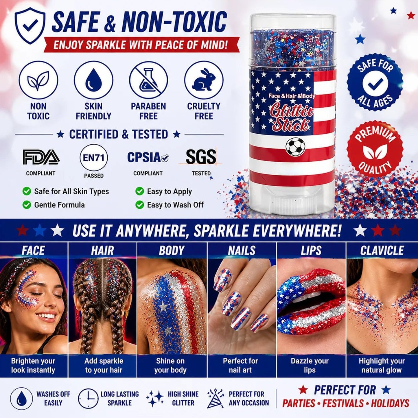 Red, White & Blue Body & Hair Sparkle, 4th of July Outfits and 250th Anniversary Accessories, Waterproof Sparkling Face Hair Glitter for Independence