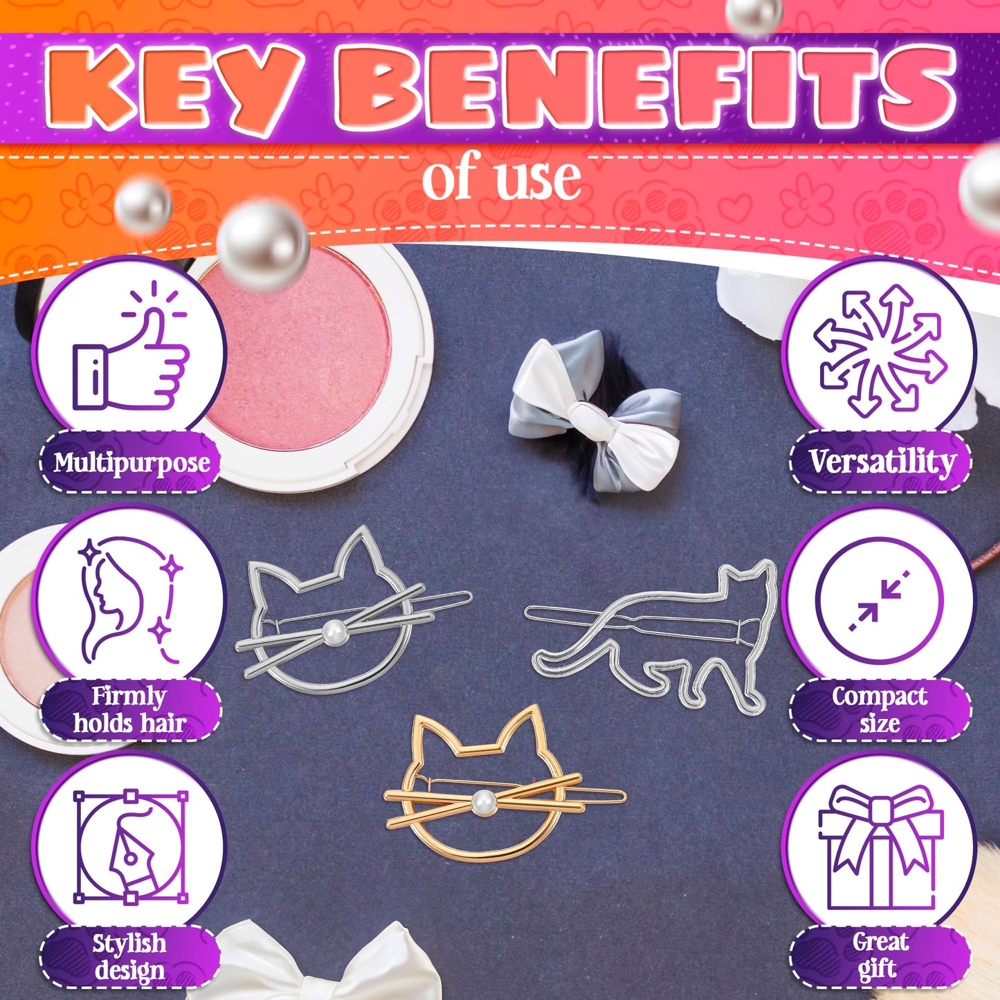 3Pcs Cat Hair Accessories for Women - Kitty Hair Clips for Girls, Small Barrettes for Thin and Thick Hair, Novelty Pins and Hair Jewelry