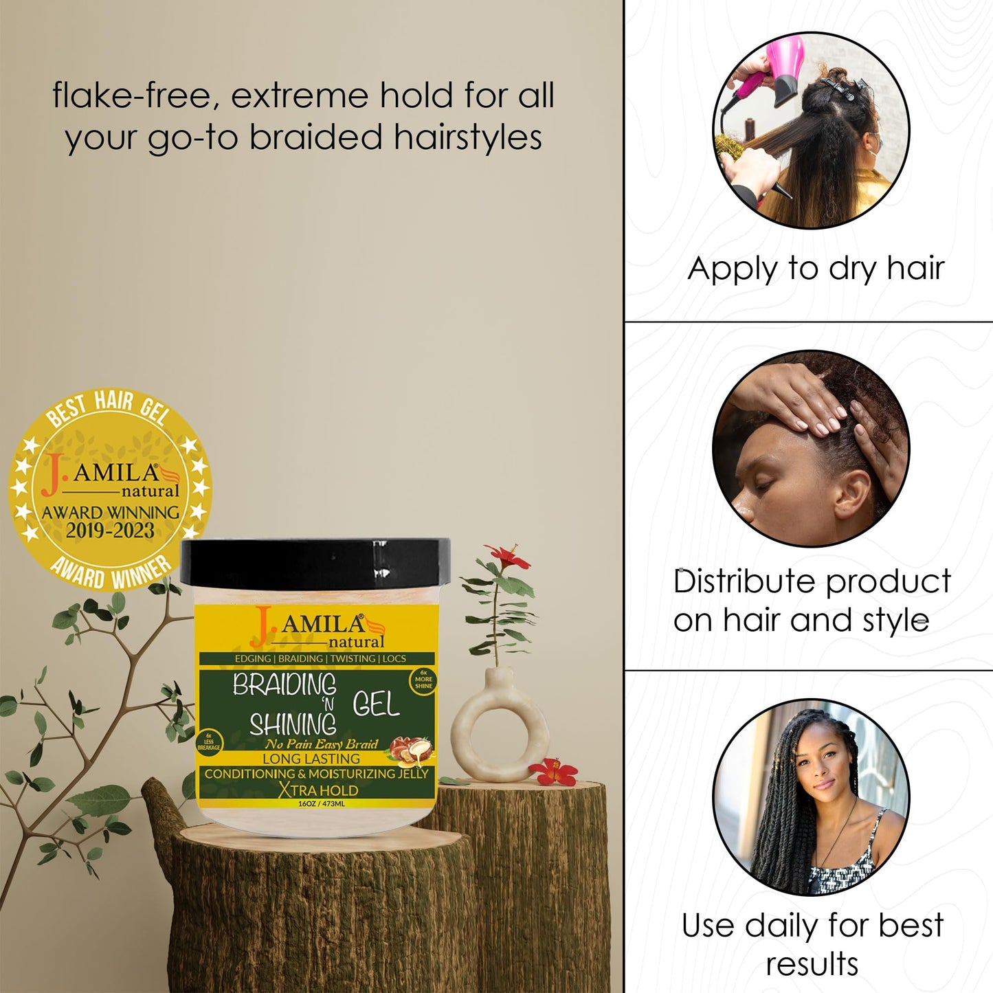 J. AMILA Natural Award-Winning Braiding & Shining Gel 16oz - Extreme Hold, Moisturizing & Conditioning for Smooth, Long-Lasting Styles