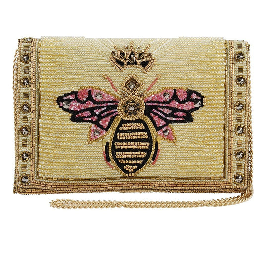 Mary Frances Buzzed Beaded Handbag - Bee Embellished Regal Crossbody Clutch with Magnetic Closure for Travel, Weddings, Parties - Gold