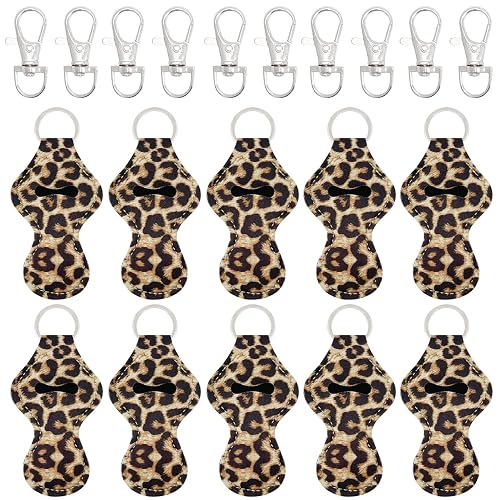 allydrew 10 Pack Chapstick Holder Keychain, Keyring for Lip Balm Lip Gloss Lipstick with 10 Pieces Metal Keyring Clasps, Leopard