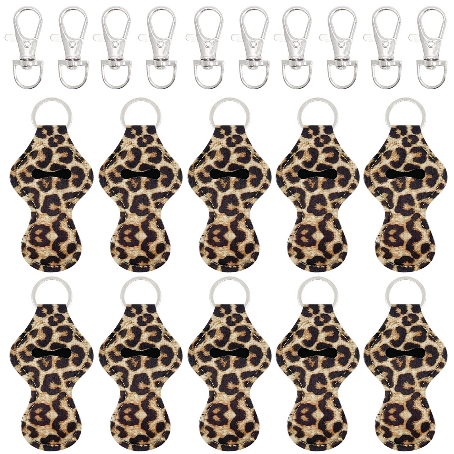 allydrew 10 Pack Chapstick Holder Keychain, Keyring for Lip Balm Lip Gloss Lipstick with 10 Pieces Metal Keyring Clasps, Leopard