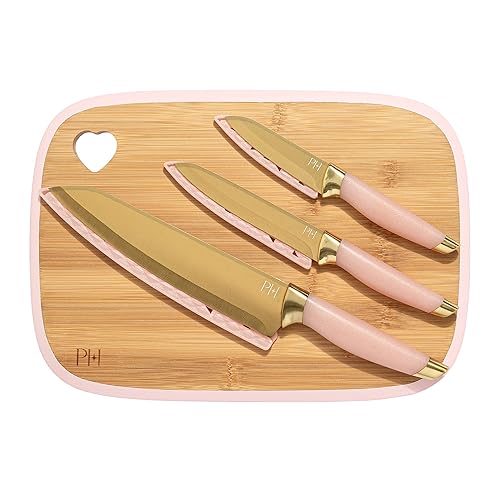 Paris Hilton Reversible Bamboo Cutting Board and Cutlery Set with Matching High Carbon Stainless Steel Knives, Blade Guards, Sleek Yet Comfortable…