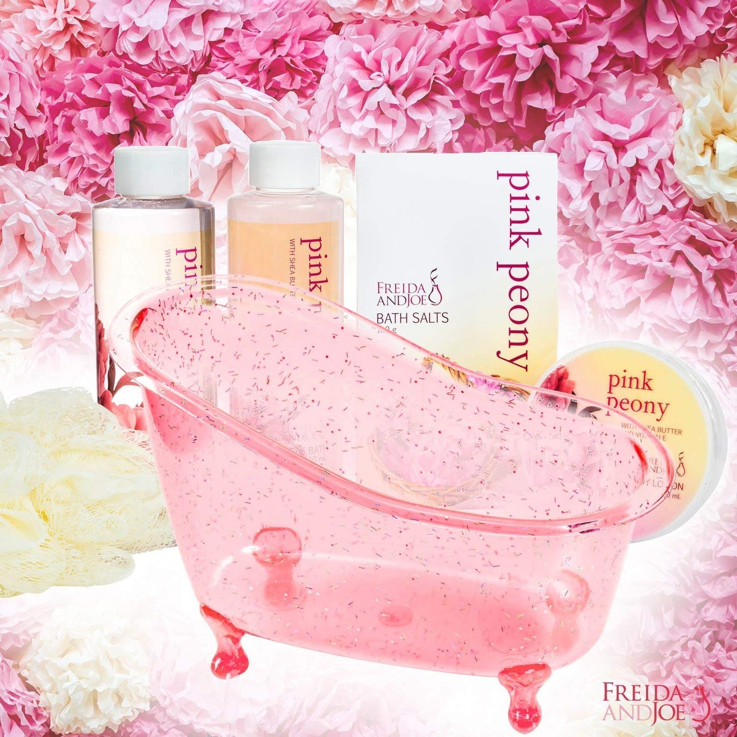 Home Spa Gift Basket Peony Spa Set For Women, Contains Shower Gel, Bubble Bath, Body Lotion, Peony Bath Salt & Puff in a Pink Feminine Tub - Mother's