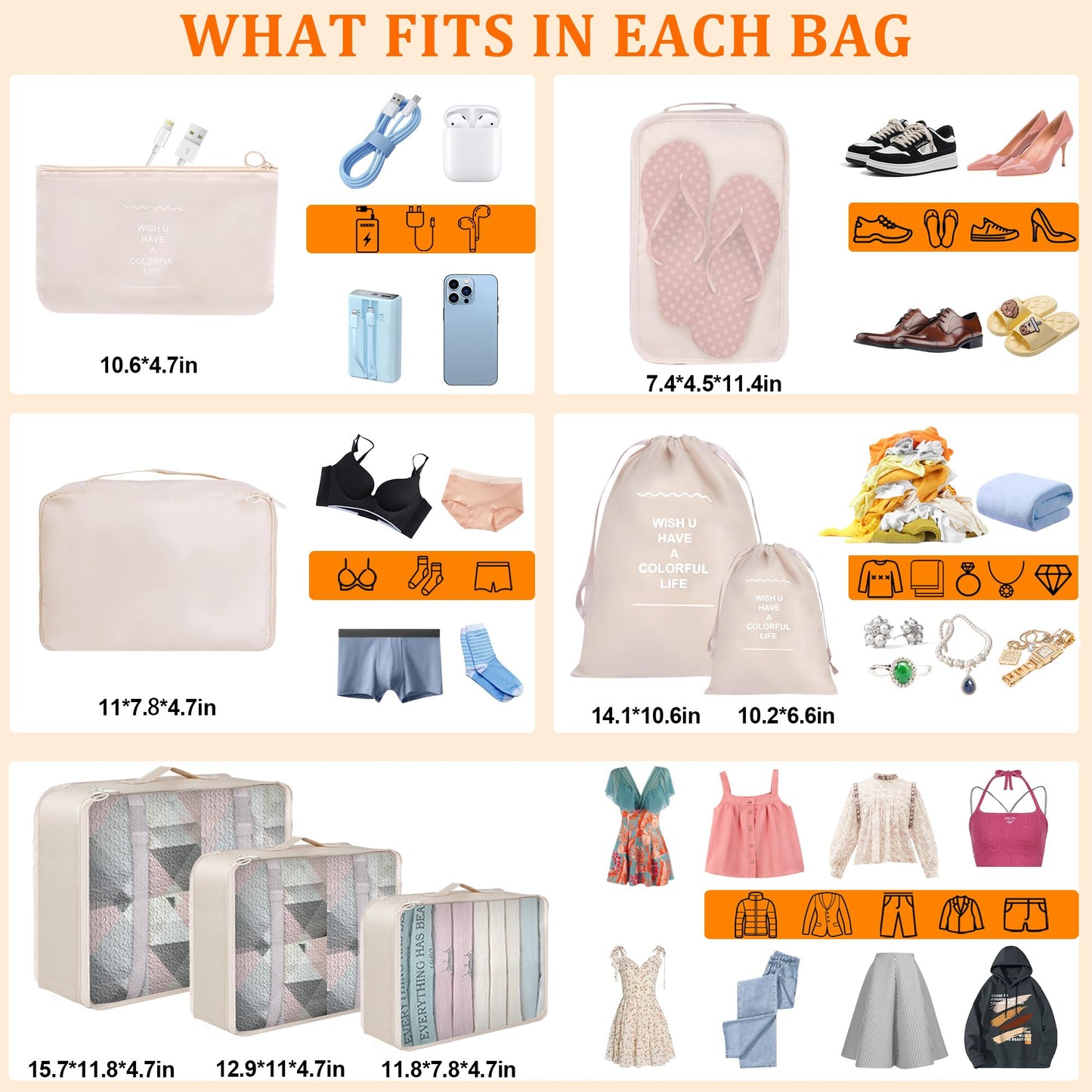 8 Set Packing Cubes for Suitcases – Kingdalux Travel Luggage Organizers with Laundry, Shoe & Clothing Bags for Men & Women