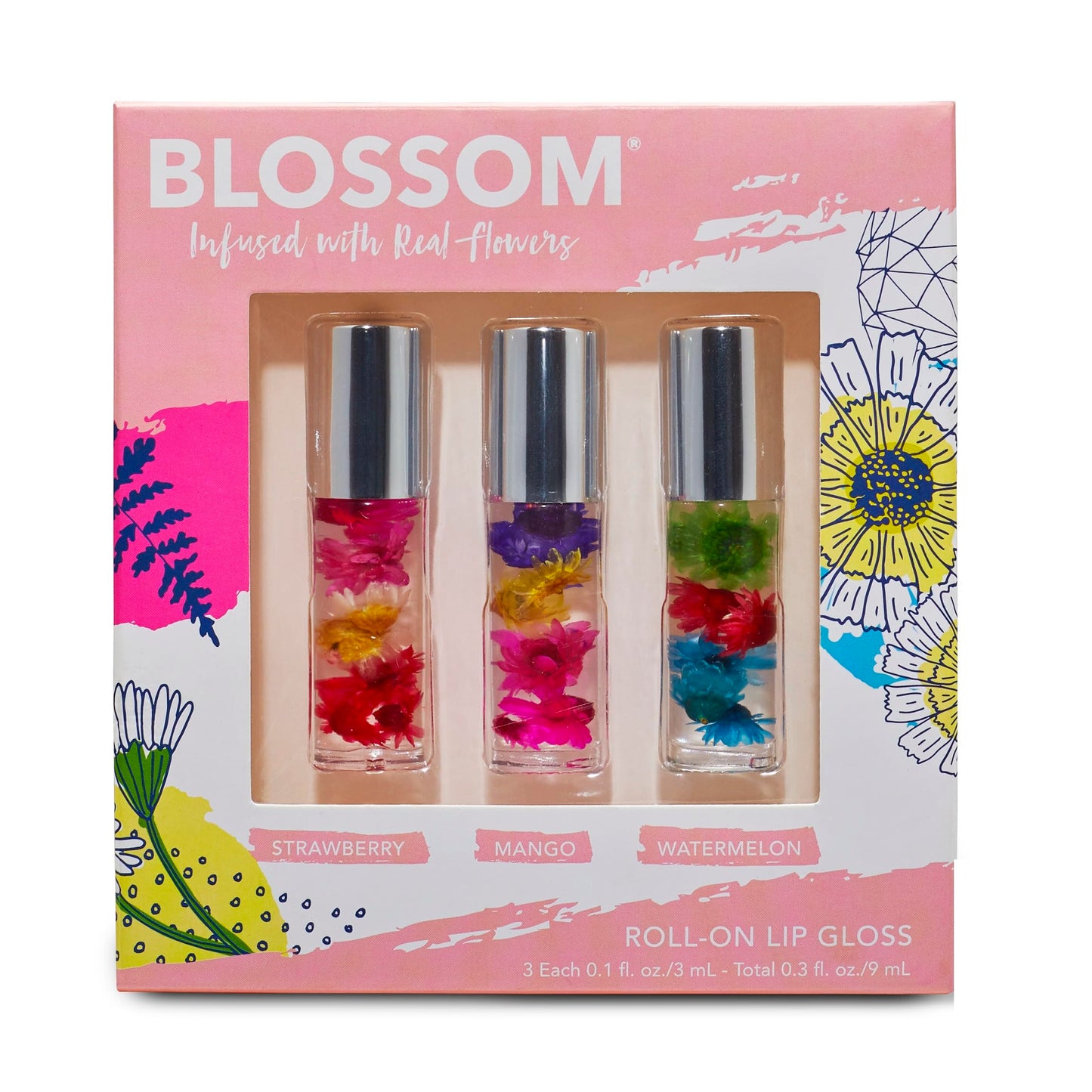 Blossom Roll on Lip Gloss, Scented Clear High Shine Moisturizing Lip Oil, Non Sticky, Infused with Real Flowers, Made in USA, 0.3 fl. oz./9ml, 3 pack