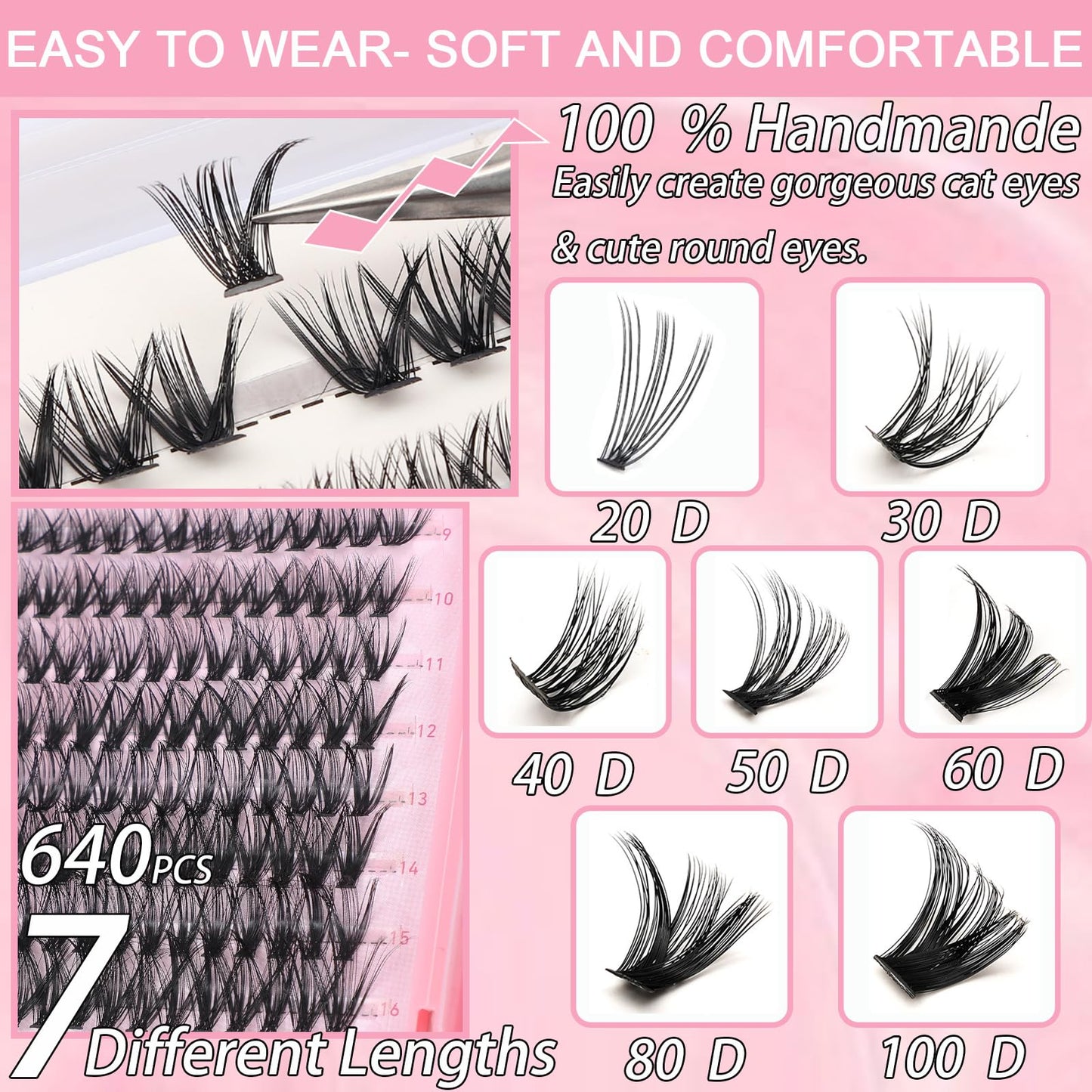 Manga Lash Clusters, 640 Pcs Eyelashes Clusters Extensions 9-16mm Individual Lashes D Curl Fluffy Wispy False Eyelashes Thin Band (40D&50D) Beauty and Personal Care OLLAVO
