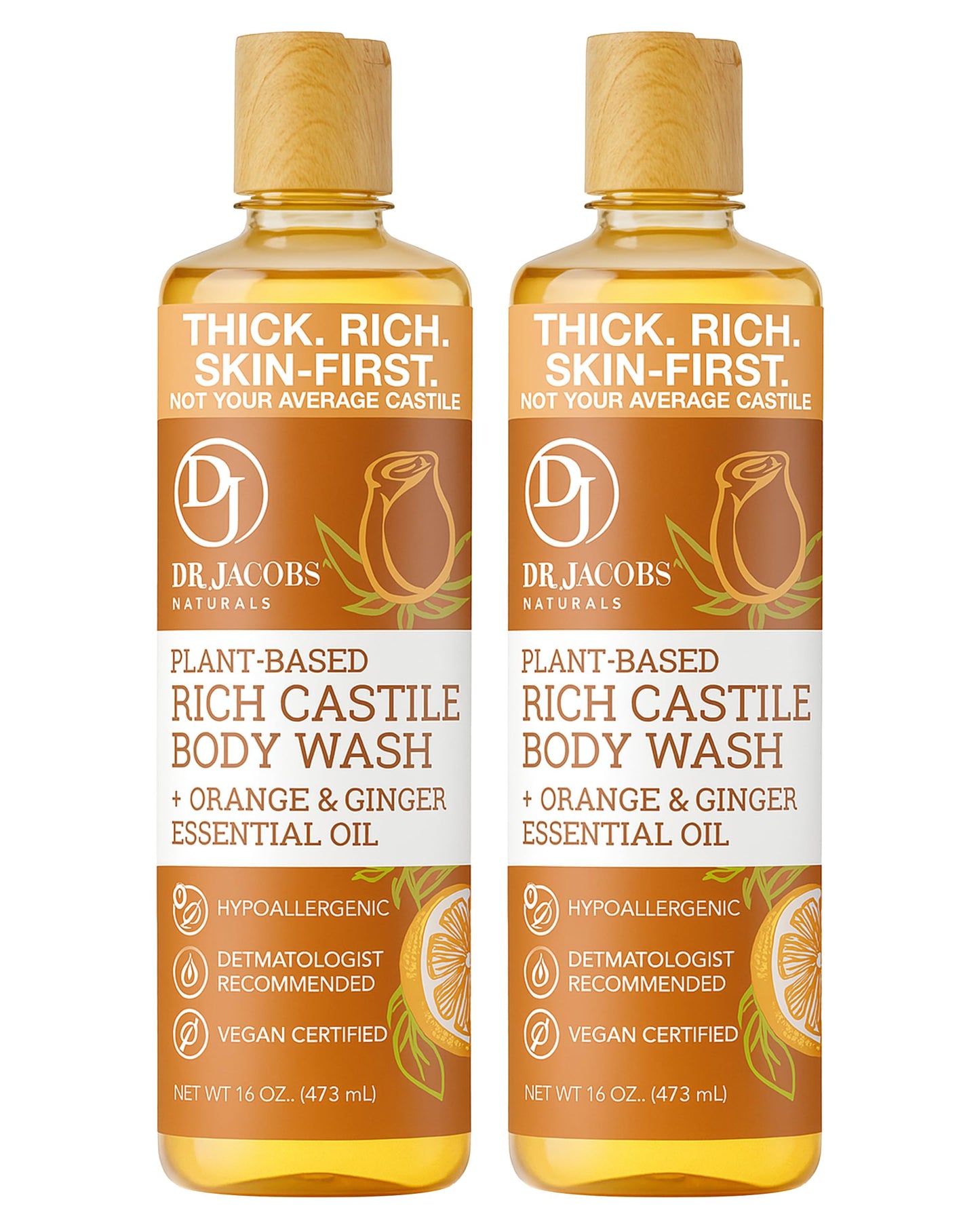 Dr. Jacobs Naturals Pure Castile Soap Liquid Body Wash, Orange & Ginger - Plant Based Soap Infused with Vitamin E & Aloe Vera to Moisturize Dry