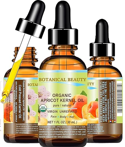 Botanical Beauty ORGANIC APRICOT KERNEL OIL Australian. 100% Pure Virgin Unrefined Cold Pressed Carrier Oil 1 oz- 30 ml. For Face, Hair, Body, Nails