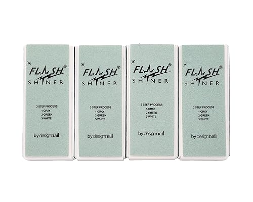 Flash Shiner® Block - 3-Way Nail Buffer (Gray/Black, Green & White) - Pack of 4 - Professional Nail Buffer for Natural Shine - Smooths, Conditions