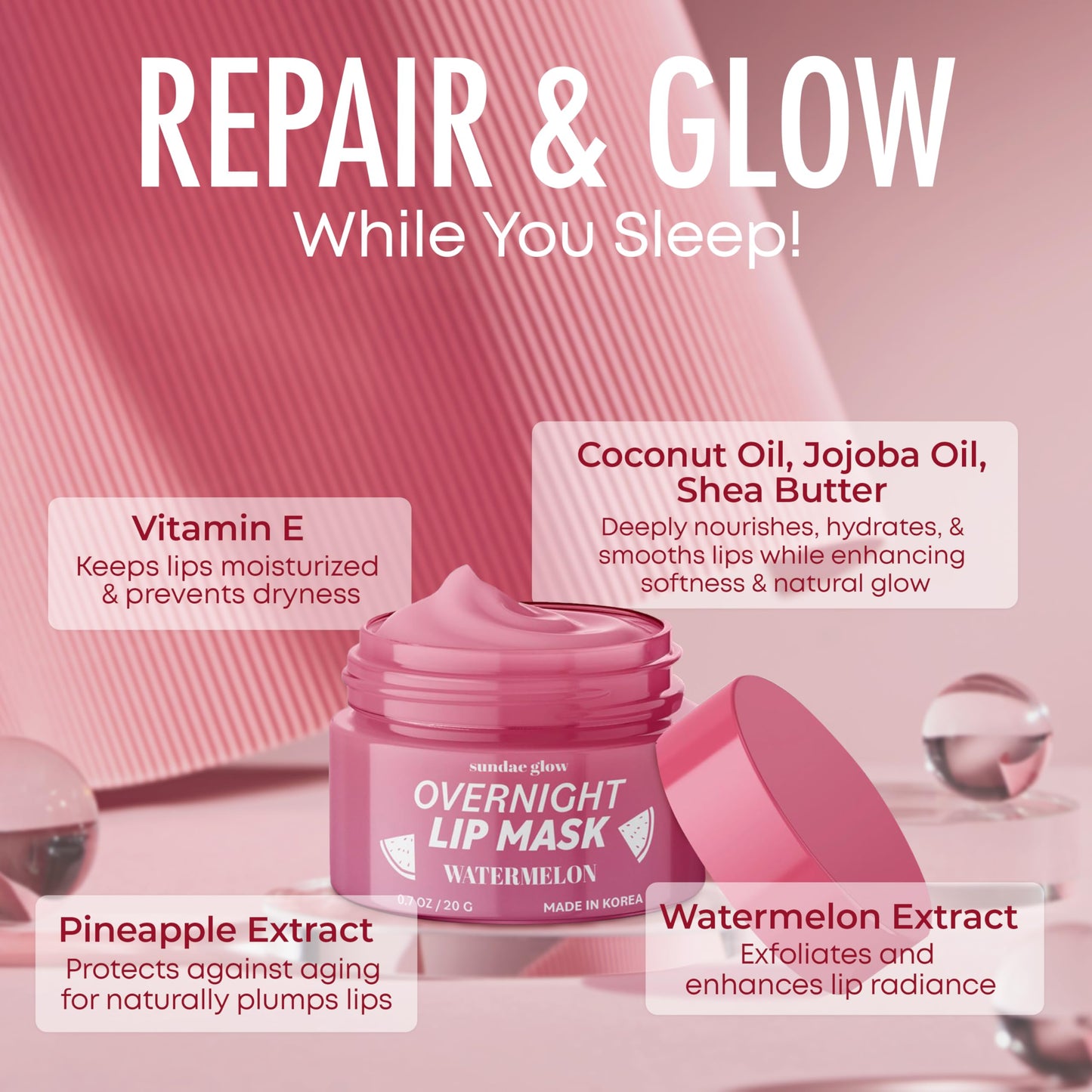 Sundae Glow Lip Mask with Watermelon - Overnight Lip Repair, Intense Hydration & Smoothing - Dermatologist Tested, Korean Skin Care - 95% Natural