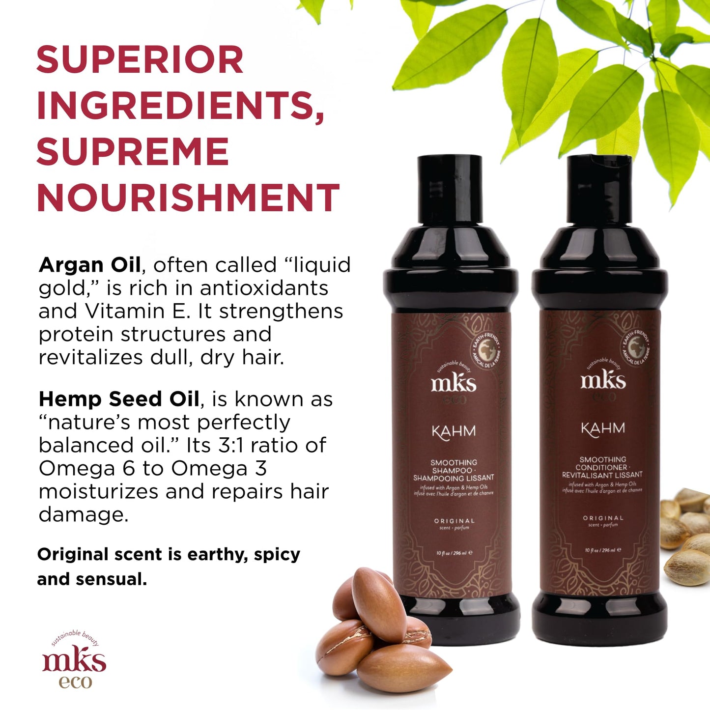 MKS eco Kahm Smoothing Shampoo, Original Scent (10 fl oz) + MKS eco Kahm Smoothing Conditioner, Original Scent (10 fl oz) - Moroccan Argan Oil, Hemp