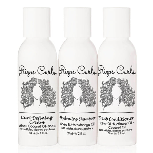 Rizos Curls Trio Travel Curl Kit, Includes Travel Hydrating Shampoo, Travel Deep Conditioner, Travel Curl Cream, Gently Cleanse, Hydrate and Style