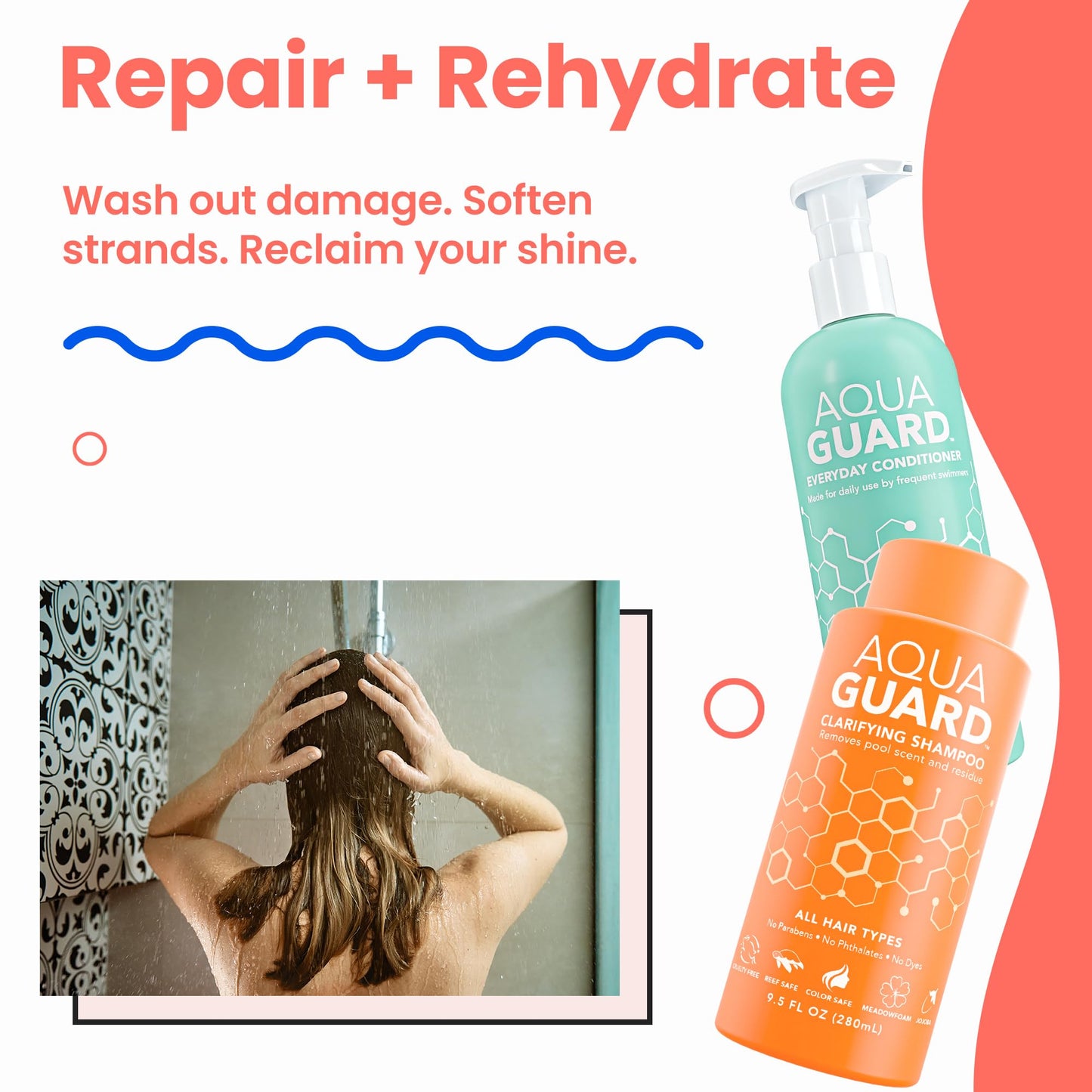 AQUA GUARD Swim Hair Rescue Bundle | Pre-Swim Protection & Post-Swim Repair Kit | Includes Hair Defense, Shampoo, Conditioner, Detangler, Hair Mask