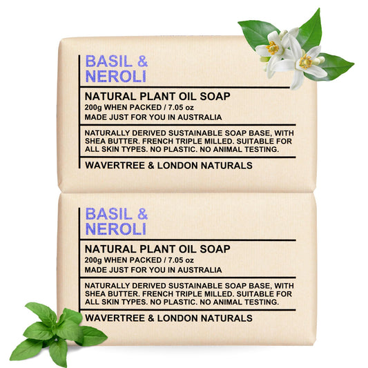 Wavertree & London Basil & Neroli Scented Natural Soap Bars (2 Bars), 7oz Moisturizing French Triple Milled Soap enriched with shea butter - Plant Oil